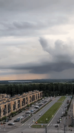 Storm rolls over Saint Petersburg while a French Bulldog waits it out