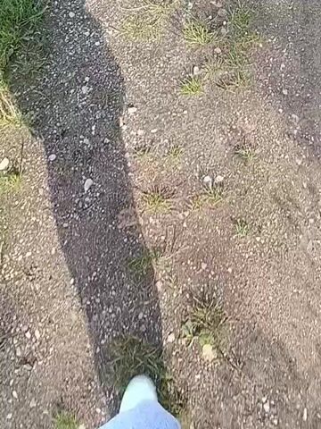 A first-person perspective video shows a person walking on a dirt path. The path is covered with gravel and patches of grass. The person's white shoe is visible at the bottom of the frame. A shadow of a person is cast on the left side of the path. The scene appears to be outdoors in daylight.