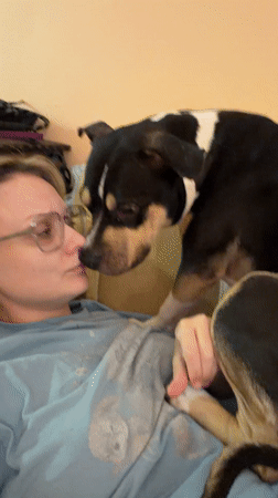 Woman relaxes with dog on couch in Tel Aviv