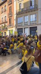 Yellow-shirted protesters demonstrate with flags in Málaga plaza