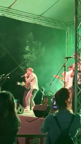 Outdoor night concert with full band in action
