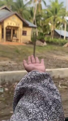 The video depicts a person extending their hand out of a vehicle window while driving through a rural area. The person is wearing a long-sleeved shirt with a dark floral pattern. The view outside the window shows a dirt road with scattered buildings, palm trees, and other vegetation. The overall scene suggests a slow drive through a countryside setting.