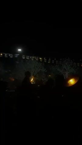 A nighttime outdoor scene shows a crowd of people silhouetted against a backdrop of trees and decorative flags lit by string lights. Stage lighting in various colors, including red, yellow, blue, and white, sweeps across the crowd and trees. The people are mostly still but appear to be watching and listening to something happening on the stage. The atmosphere appears celebratory and energetic.