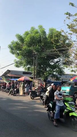 The video shows a street scene with several motorcycles parked along the side of the road, some with riders. There are also market stalls set up, with people browsing and interacting. A large tree with green foliage is visible in the background, and power lines crisscross the sky. The overall impression is of a busy, outdoor market or commercial area on a sunny day.