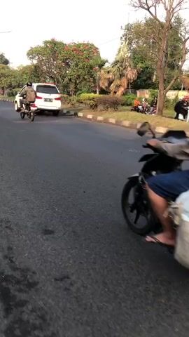 The video shows a street scene, likely in Gelam, East Java, during the day. The perspective is from a moving vehicle, suggesting it was filmed from another motorcycle or car.

The main subjects are two individuals riding motorcycles. The person in the foreground on the right is wearing a white jacket and a blue helmet. The person on the left is wearing a red vest over a white shirt and a black helmet, and their motorcycle has a large carrier bag attached to the back. The motorcycles are on a paved road with a curb and a grassy median strip.

Behind the median, there are trees with vibrant pink and red flowers, as well as other lush green foliage. A red truck with a flatbed is visible in the background, parked on what appears to be a side road or driveway. There are also power lines and poles visible overhead, typical of a semi-urban or suburban environment.

The activity is simply riding on the road. The time of day appears to be either early morning or late afternoon, given the soft lighting and the long shadows. The weather seems pleasant and clear. The overall atmosphere is that of everyday street life.

Visible text includes a license plate on the motorcycle in the foreground on the left, which reads "N 2388 AD".