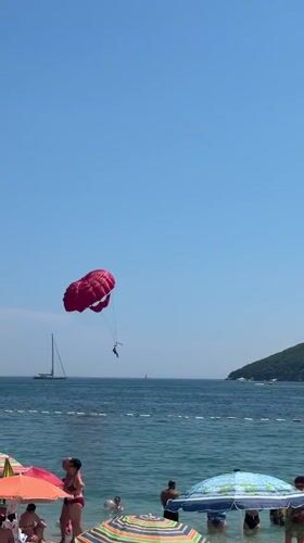 Sun, sea, and parasailing on a busy Budva beach day