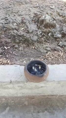 The video shows an outdoor scene with a person sitting on the ground in front of a large rock formation. The rock has a rectangular opening carved into it. The ground is covered with dry grass and some loose stones. In the foreground, there is a small, brown, circular object, possibly an ashtray, containing what appear to be several burnt incense sticks. The overall environment seems to be a natural, possibly somewhat undeveloped area. The person is facing away from the camera, toward the rock. The camera is panning slowly to the right.