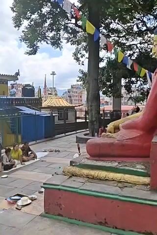 The video shows a group of people gathered outside a yellow building with a golden roof. There are two monks in maroon and yellow robes sitting on the ground, engaged in what appears to be a religious ceremony. They are surrounded by various objects, including books, bells, and small statues. Several other individuals, some sitting and some standing, are observing the ceremony. One woman is recording the event with her phone, while another is taking a photo. The environment appears to be an outdoor courtyard, with a stone floor and a metal fence in the background. There are prayer flags visible on a nearby tree. The overall atmosphere suggests a spiritual or cultural gathering.