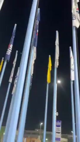 Here is a description of the video.

The video shows a nighttime scene with multiple flagpoles arranged in a somewhat circular pattern. The poles are painted a light blue color and are flying various flags, some of which are white with designs, while others are different colors like yellow, blue, and purple. The flags appear to be somewhat limp, likely due to a lack of wind. A large, light blue, chair-like sculpture is visible near the center of the arrangement. There are people walking in the background.  Streetlights illuminate the area.