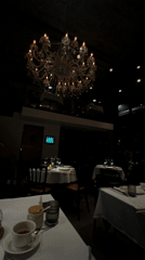 Moscow restaurant interior captured featuring chandelier and dining patrons