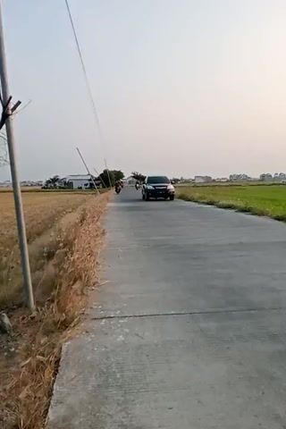 A black car is parked on the side of a paved road. To the left of the road is a dry field with tall grass. To the right of the road is a green field. Several people are riding motorcycles on the road. Some are moving away from the camera, while others are coming toward the camera. The sky is clear and overcast, suggesting it might be dawn or dusk.