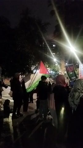 A group of people are gathered at night in what appears to be a street or public area, likely a protest or demonstration. They are holding Palestinian flags and wearing keffiyehs. There are banners in the background with slogans or images related to the Palestinian cause. Streetlights and building lights illuminate the scene, creating a bright and slightly hazy atmosphere. The overall mood seems charged with emotion and solidarity. The exact details of the location and the specific message of the protest are unclear.