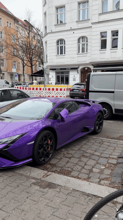 Purple Lamborghini spotted on Berlin cobblestone street