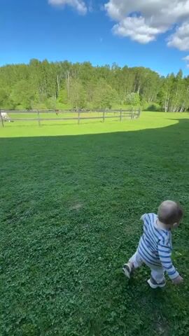 The video opens with a young child in a striped shirt walking on a grassy lawn towards an adult male near a fence line. The scene quickly shifts to focus on a modern black house with large windows. A young woman then enters the frame and takes a selfie in front of the house.  The video abruptly ends with a blurry, spinning shot of the house and lawn.
