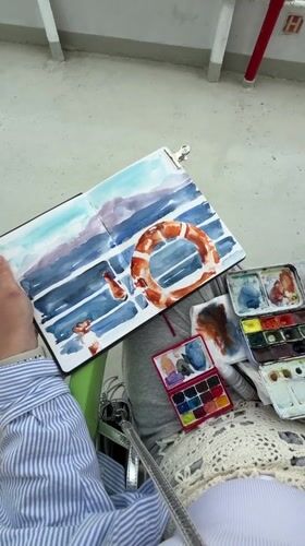 Artist paints watercolor maritime scene aboard ferry near Aegina