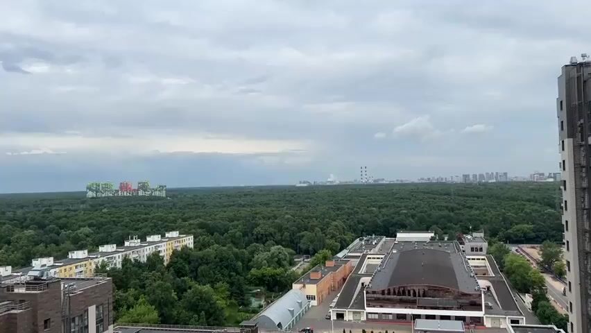 The media file presents an aerial view of a vast, densely forested area, likely a park or nature reserve, under a cloudy, overcast sky. The scene is a mixture of natural and urban landscapes.

In the foreground, to the right, a large, modern building with a dark, arched roof dominates the view, appearing to be an industrial or commercial facility. Several other buildings, likely residential apartments with white and yellow facades, are visible to the left of this structure, interspersed with trees. Further back, beyond the forest, a cluster of brightly colored apartment buildings, appearing in shades of green, red, and yellow, stand out against the green backdrop. In the far distance, a city skyline is visible, punctuated by tall buildings and industrial smokestacks emitting plumes of white smoke, suggesting a power plant or factory.

The time of day appears to be daytime, but the heavy cloud cover creates a muted, diffused light. The weather is clearly overcast, and there is no visible direct sunlight. The overall impression is one of a sprawling urban fringe, where dense forest meets residential and industrial areas. The combination of the dense forest and the distant city infrastructure suggests a location on the outskirts of a major metropolitan area. There are no people clearly visible in the media file. No text is visible.