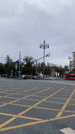Chess installation and classic architecture near Moscow's Teatralnaya Square