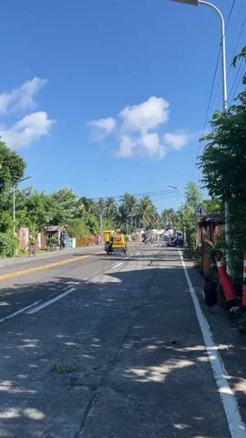 The video shows a view of a road with vehicles and vegetation under a blue sky with clouds. A yellow tricycle is driving down the road, followed by other vehicles. There are trees and houses on the sides of the road. A black dog is visible on the right side of the road.