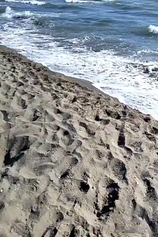 The video shows a beach with dark sand covered in footprints. The sea is visible with blue water and white waves crashing on the shore. The sky is clear and blue. The camera is moving, showing the expanse of the beach and the ocean. No people are visible.