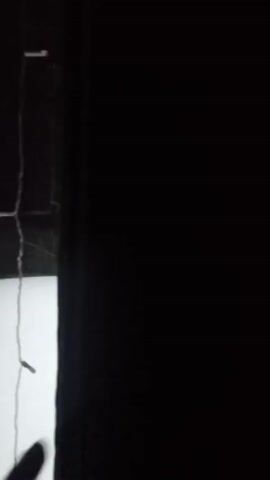A static video shows a view from inside a house, through a window, to a snowy outdoor scene at night. A small evergreen tree stands in the snow, with a few clumps of snow on its branches. Two strands of string lights hang in front of the window, partially obscuring the view. The background is dark, likely due to the night sky. The window frame is visible on the left and right sides of the view.