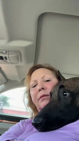 A woman with red hair is in the passenger seat of a car, holding a black German Shepherd dog close to her face. The dog is resting its head on her shoulder. The car's interior is visible, including the sunroof controls. The woman has a serious expression. The dog appears calm. The scene suggests affection and a close bond between the woman and her dog.
