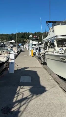 The video shows a view of a marina with several boats docked. In the foreground, a large white boat is moored to a concrete pier. The boat has multiple windows and a covered upper deck. To the left of the large boat, there is a smaller white speed boat. The pier extends into the distance, lined with other docked boats. The water is calm and reflects the clear blue sky. Trees and hills can be seen in the background. The overall scene depicts a tranquil day at a marina.