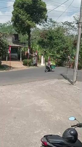 A person on a motorcycle is riding down a street. The motorcycle has a basket on the back, filled with green produce. The street is lined with trees and buildings. There are Indonesian flags displayed outside some of the buildings. The sky is blue and there are some clouds.