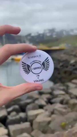 Here's a detailed description of the video:

**Scene:** A person holds a pin against a backdrop of a harbor and mountainous landscape.

**Details:**

*   **Object:** The person holds a round, white pin with black text and illustrations. The text reads "HARBOUR", "I ATE FERMENTED SHARK", "I SURVIVED", and "I AM A VIKING". The pin also features stylized wings on either side of the "I SURVIVED" text.
*   **Setting:** Behind the pin, there is a harbor with boats and a coastline made of rocks. In the distance, there's a mountain range partially obscured by a cloudy sky.
*   **People:** Only a hand (presumably belonging to a person) is visible.
*   **Action:** The person is holding the pin up, presumably to showcase it against the scenic background.
*   **Environment:** The sky is overcast. The environment seems to be in a coastal region, potentially Iceland given the "Viking" reference.