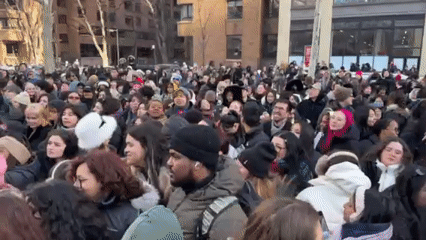 Young crowd gathers in snowy NYC park wearing hockey jerseys