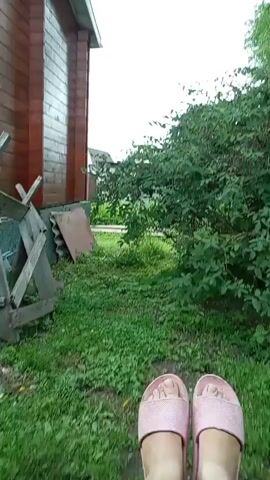 A first-person perspective video shows a pair of pink slides on a person's feet. The scene appears to be outdoors in a grassy area next to a wooden building. A bush with green leaves is visible to the right of the frame. The ground is covered in grass and some scattered debris. The sky is visible in the background, appearing bright and overcast. The person's feet are positioned at the bottom center of the frame, with their toes pointing slightly upwards. The camera pans slightly, showing a glimpse of the building's exterior and the dense foliage of the bush.