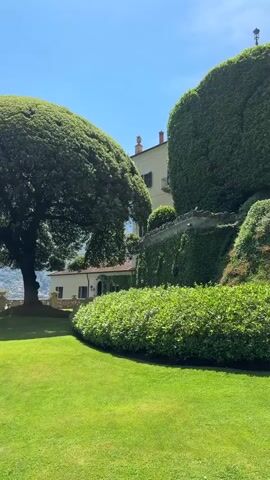A video of a manicured garden with a large, dome-shaped tree in the foreground. A group of people, dressed in formal attire, are standing in the background near a stone wall. The video also shows a building and a hillside in the distance.