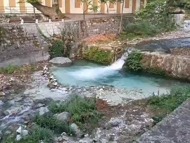 The video captures a view of a clear, shallow stream flowing through a natural setting. The water is a striking turquoise blue, with white foam indicating movement and possibly a small waterfall or rapid. The stream bed is visible, with rocks and pebbles. Along the banks, there is lush green vegetation, including small bushes and some taller plants. A stone retaining wall lines part of the stream, and there are larger rocks scattered in and around the water. In the background, a building with light-colored walls and dark-framed windows stands adjacent to trees. A walking path or paved area is visible in front of the building, with a bench. The overall impression is a serene, natural landscape with man-made elements integrated into it. The video appears to be a static shot or a very slow pan.