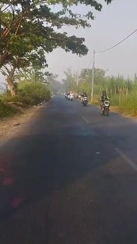 The video shows a long, paved road lined with trees and vegetation. Several people are riding motorcycles in a convoy, moving away from the camera. The sky is hazy, and the overall lighting suggests it is either early morning or late afternoon. The road appears to be in a rural or semi-rural area, with power lines visible along the side. The motorcycles are mostly scooters, with some riders wearing helmets. The footage is shaky, indicating it was likely filmed from another moving vehicle.