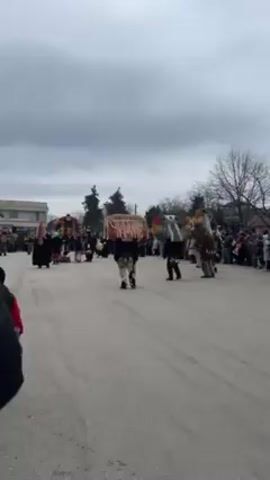 The video shows a street festival or parade. Several individuals in elaborate costumes with large, ornate headwear are walking down a paved road. The costumes are diverse, with some appearing as tall, colorful figures, and others wearing masks or decorative elements. On either side of the road, crowds of people are gathered, watching the procession. Buildings are visible in the background, and bare trees suggest it is a cooler season. The sky is overcast, creating a diffused lighting. A person with a young child is visible in the lower left corner of the frame, implying that the video is shot from the perspective of someone in the crowd.