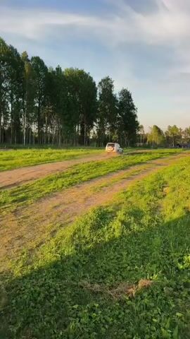 A white car drives along a dirt road through a wide, open grassy field under a bright, partly cloudy sky. The car is moving from left to right across the frame, leaving a faint trail of dust in its wake. The road appears to be unpaved, with tire tracks visible.

To the left and in the background, a dense line of tall green trees forms a natural barrier, while more scattered trees are visible further in the distance on the right. The field itself is covered in lush green grass, with some areas showing longer growth and darker shadows, indicating the late afternoon or early evening light, often referred to as golden hour. The sunlight bathes the scene in a warm glow, highlighting the texture of the grass and the dust kicked up by the car.

The sky above is a clear blue with several soft, white clouds. The overall setting suggests a rural or natural landscape. There is no visible text in the video. The scene takes place in Стеклянный, Russia.
