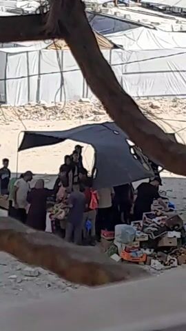 A group of people are gathered under a makeshift shelter made of dark fabric, supported by poles. The shelter is set up in an outdoor area with a sandy or dirt ground. In front of the shelter, various items, including boxes and what appear to be produce like fruits and vegetables, are displayed on the ground, suggesting a market or distribution point. Some individuals are interacting with the items, and others are standing or sitting under the shelter. In the background, there is a large white structure, possibly a tent or greenhouse, and debris. A tree branch or similar organic material is in the foreground, partially obscuring the view. The overall scene suggests a temporary setup in an outdoor environment, possibly in a location experiencing hardship or displacement.