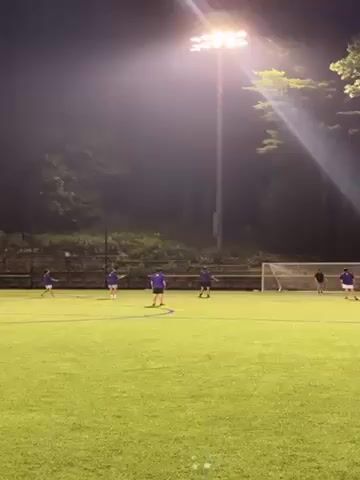 A soccer field illuminated by stadium lights at night is the setting for this video. Several individuals wearing purple jerseys are seen spread out on the field. One individual approaches the soccer ball, while another stands near the net, seemingly acting as the goalkeeper. The remaining players are positioned in different areas of the field. Trees and foliage are visible in the background behind a short concrete wall.