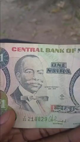 A hand holds up a Nigerian one-naira banknote, displaying its front side. The banknote features a portrait of Herbert Macaulay with the text "HERBERT MACAULAY 1864-1946" below. Above his portrait, "CENTRAL BANK OF NIGERIA" is printed, and to the right, "ONE NAIRA" is prominently displayed. The serial number "Y/46 218829" is visible at the bottom left, next to a signature labeled "Ahmed. GOVERNOR". Arabic script is also present on the right side of the note. The background is blurred and appears to be an outdoor, possibly concrete, surface.

The person holding the banknote then flips it over to reveal the back. The back features an intricate, light green illustration of a woman's head with an elaborate crown and necklace, identified by the speaker as Queen Amina. The text "ONE NAIRA" is at the bottom of this side, and "CENTRAL BANK OF NIGERIA" is printed in an arc around a large, blank circular area, likely intended for a watermark.