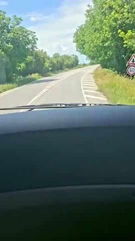 A first-person perspective shot from inside a vehicle, presumably a truck due to the large side mirror, shows a drive down a straight, paved road. The road has white painted markings indicating lanes and directions. Green trees line both sides of the road under a partly cloudy sky. The vehicle's dashboard is visible in the foreground. There is no audio except for music.