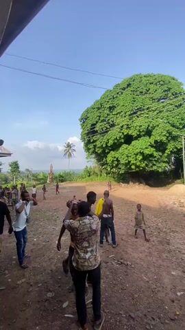 In Unwana, Nigeria, a vibrant outdoor scene unfolds under a clear blue sky. Several young men and boys are gathered on an unpaved, dusty ground, some of whom are actively dancing or moving rhythmically. Two men in the foreground are engaged in lively interaction, possibly dancing, while others stand around, some observing and some participating. One man wears a yellow t-shirt with images of faces printed on it. In the background, a very large tree with dense green foliage dominates the right side of the frame, while other smaller trees and palm trees are visible in the distance, suggesting a rural or village setting. The sun is bright, indicating daytime. A young boy in a light-colored shirt and shorts walks towards the right in the mid-ground. The atmosphere appears to be one of celebration or community gathering, filled with energy and movement. No explicit text is clearly visible on any signs or clothing.