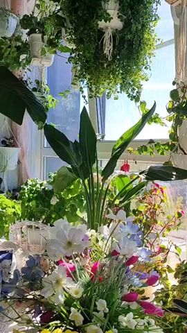 The video shows a view from inside a room with a large window. There are numerous plants, both in pots and hanging from the ceiling, filling the space in front of the window. The window looks out onto a cityscape with buildings and trees. The lighting is bright and sunny. In the foreground, there's a bouquet of flowers with white, blue, pink, and yellow blooms. Behind the bouquet is a tall plant with large, green, banana-like leaves. Other plants with varied leaf shapes and colors are also visible. Hanging plants include green vines and fuchsia plants with red flowers in white macrame hangers. The overall impression is a lush, indoor garden with a bright view.