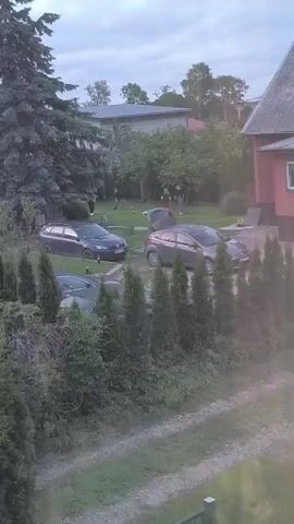In a residential setting in Dercekliai, Lithuania, a group of people are gathered in a yard during the late afternoon or early evening. The sky is overcast, suggesting cloudy weather. The scene appears to be a backyard, with several parked cars, a large evergreen tree, and a house in the background. The house is red with a dark roof and a visible window.

The activity seems to be focused around the parked cars, specifically a darker colored sedan and a reddish-brown hatchback with its trunk open. Several individuals, dressed in casual clothing, are interacting with each other and the vehicles. Some are standing, while others appear to be walking or moving around the cars. The overall atmosphere seems relaxed, with no clear indication of distress or urgency. The presence of the cars and the casual attire of the individuals suggest a domestic or social gathering. The presence of greenery and trees contributes to a rural or suburban feel. There is no visible text in the media file.