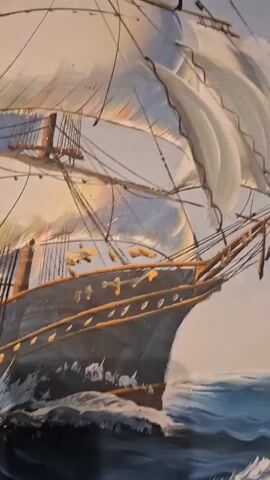 This is a close-up video of a painting of a tall ship sailing on the ocean. The ship is dark with white sails billowing in the wind. The ocean is depicted with choppy, blue waves and whitecaps. The sky is a light, hazy color. The painting appears to be detailed and realistic, with the sails and waves rendered with texture and movement.