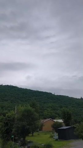This video is an outdoor landscape shot of a hill covered in trees under a cloudy sky. In the foreground, there are several trees and some buildings, including a house with a brown roof. There are also power lines visible. The camera pans slowly across the scene.