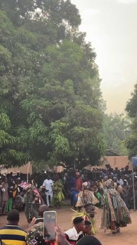 The video shows a gathering of people surrounding a group of dancers in a courtyard in what appears to be a West African village. The dancers are wearing elaborate traditional costumes, and some of them have straw-like appendages. The crowd is taking pictures of the dancers with their phones. A large, dense tree dominates the background. Buildings with light colored walls can be seen behind the crowd.
