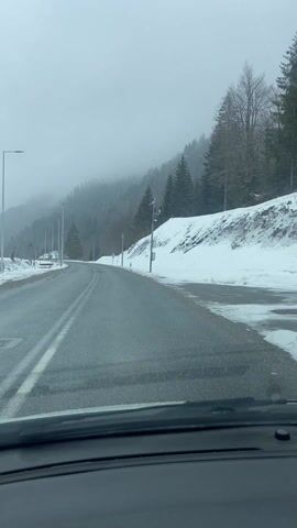 The view from inside a car shows a wet road on a gray, snowy day. The road curves slightly to the left, lined with bare trees and snow-covered ground on the right. Fog obscures the distant mountain peaks. Streetlights are spaced along the road on the left side. A small triangular road sign warns of pedestrians within 50 meters. The windshield is clean, offering a clear view of the winter landscape.