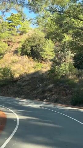 The video shows a scenic drive on a winding road through a wooded, hilly area. The road has a white line marking the edge. On the right side of the road, there is a metal guardrail. The vegetation consists of various trees, including pine trees, with dry grass and bushes on the slopes. The sky is clear and blue. There are utility poles with wires visible along the road. The sun is shining, casting shadows on the road. The camera is positioned as if from inside a moving vehicle.