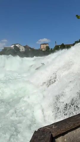 This video captures a dynamic view of the Rhine Falls in Dachsen, Switzerland, on a bright, sunny day. The primary subject is the powerful waterfall, with its immense volume of water cascading over rocky ledges, creating a turbulent, frothy expanse of white water. In the distance, several buildings and trees are visible on the hillside overlooking the falls. A boat can be seen navigating the choppy waters near the base of the falls, suggesting a tourist attraction. The sky is a clear blue with a few fluffy white clouds, indicating pleasant weather. The overall impression is one of natural power and beauty, with the activity suggesting a tourist experience or a celebration of the natural wonder. There is no visible text in the video.