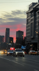 Pink sunset illuminates Moscow streets at dusk