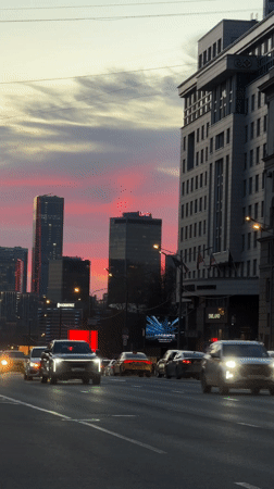 Pink sunset illuminates Moscow streets at dusk